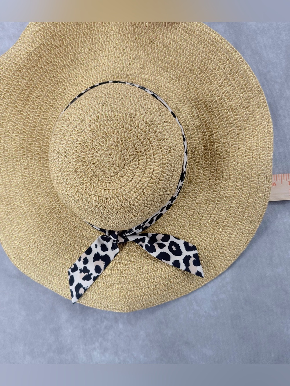 Straw Wide-Brim Sun Hat with Black & White Leopard Scarf women’s - Picture 8 of 9